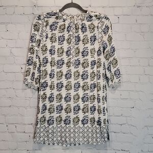 LOFT White Tunic with Navy and Olive Floral Motif